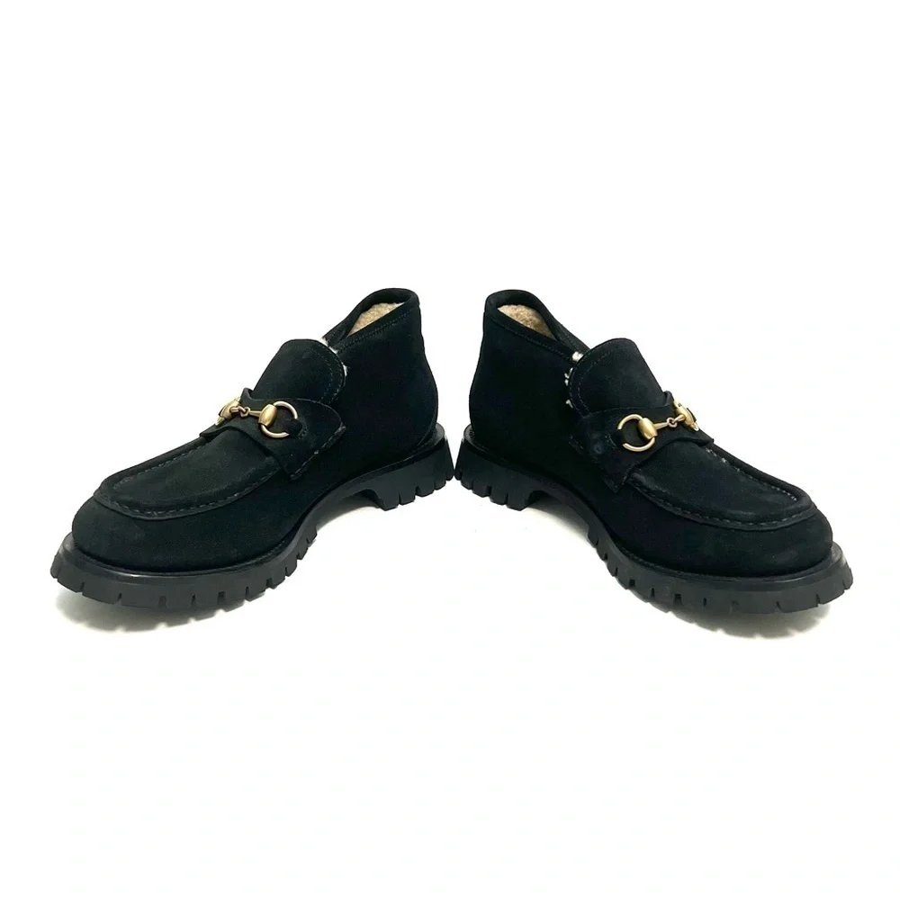GUCCI | Mens black suede shearling lined Harald Horsebit platform loafers